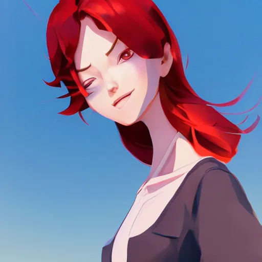 Image similar to character deisgn by lois van baarle, artgerm, helen huang, by makoto shinkai and ilya kuvshinov. cute scarlet red haired cybertronic woman, steel gray body, denim shorts, jacket, wandering at beach at sunset, pretty smile, elegant, octane render, exaggerated proportions, looking at camera