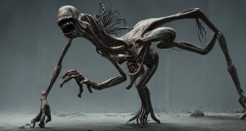 Image similar to still from a horror movie of grotesque alien lunging towards the camera, highly detailed, horror movie scene, unreal engine, octane render, natural light outside