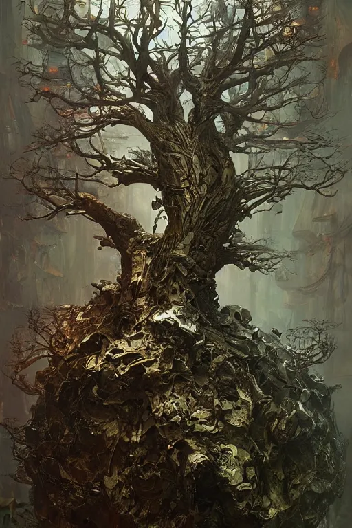 Image similar to dieselpunk tree made from engines, painted by ruan jia, raymond swanland, lawrence alma tadema, zdzislaw beksinski, norman rockwell, jack kirby, tom lovell, alex malveda, greg staples