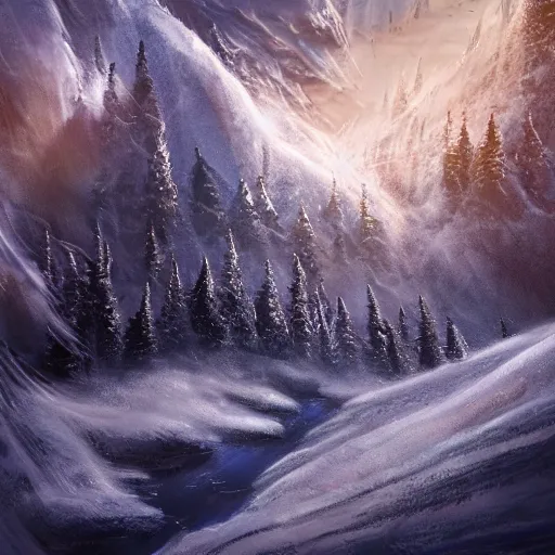 Prompt: The heaven-touching apex of the mountain drenched in brilliant light, spikes of thin light impaled the snow in a bristling, moving line, realm of whispers and mysteries, intricate, elegant, fantasy, highly detailed, digital painting, concept art, sharp focus, illustration, beautiful volumetric lighting, epic light, artstation, magic hour lighting, colorful, sunshine, by Sylvain Sarrailh, ine style of ori game