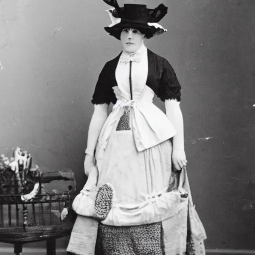 Prompt: a rabbit dressed as an edwardian woman, black and white old photograph