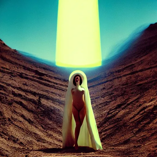 Image similar to levitating beautiful pale woman with white flowers and full - face golden mask inside a thick black smoke in rocky desert landscape, glowing eyes everywhere, dey earth by gaspar noe and christopher doyle, anamorphic lens, anamorphic lens flares, kodakchrome, cinematic composition, practical effects, award winning photo, 8 k