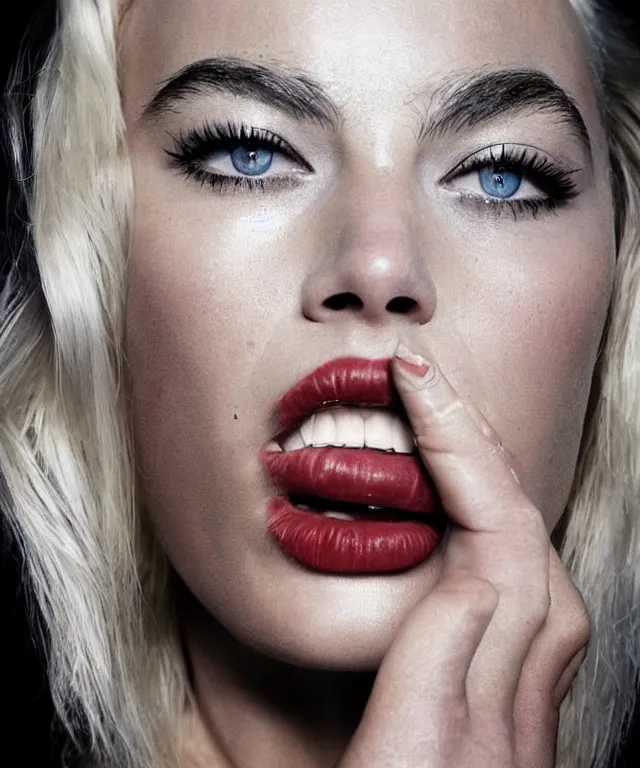 Image similar to a color photograph of margot robbie, by james nachtwey, platinum blond, intense, bold, exaggerated, ultra sharp, extra details, ultra high quality, trending on pinteresst