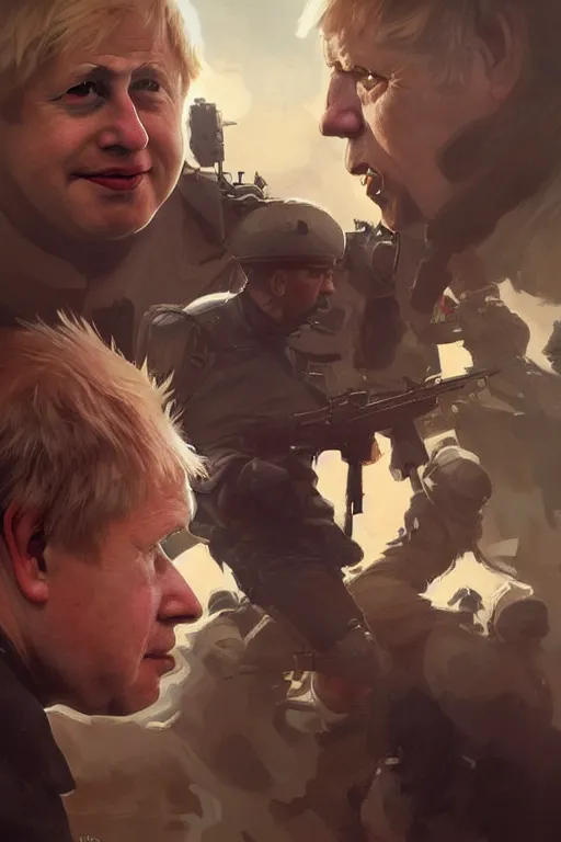 Prompt: aggressive Boris Johnson vs scared Putin, face to face staring, civil war style, highly detailed, digital painting, artstation, concept art, smooth, sharp focus, illustration, cinematic lighting, art by artgerm and greg rutkowski and alphonse mucha