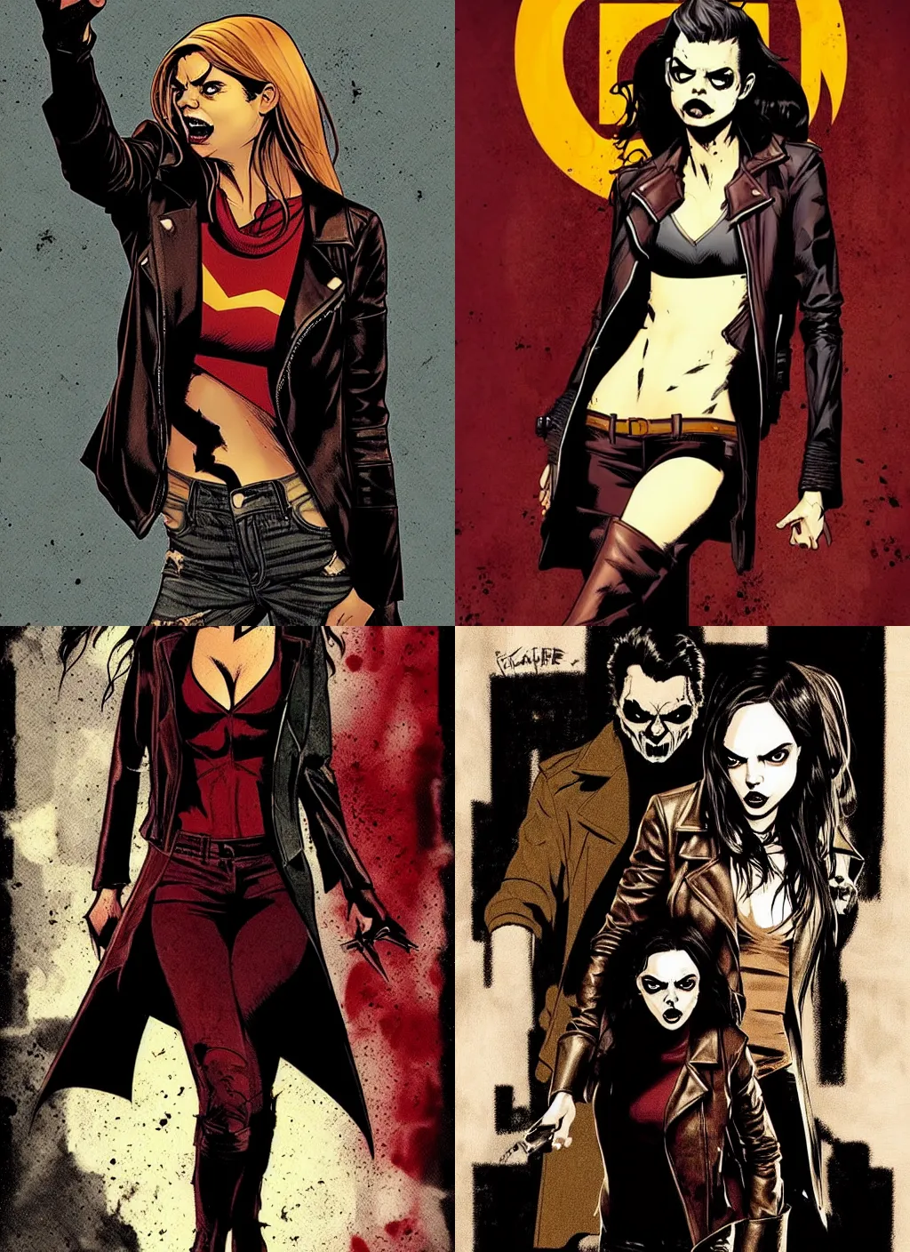 Prompt: in the style of Rafael Albuquerque comicbook cover art, Samara Weaving vampire, sharp teeth grin, sarcastic, brown leather jacket