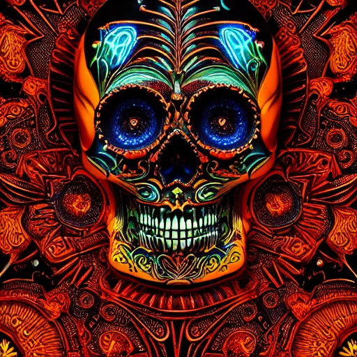 Prompt: a highly detailed photographic render of intricately carved sugar skull, psychedelic, black background, neon light, intricate ornament, gilding, horror, dark fantasy, beautifully lit, ray traced, octane 3D render in the style of Gerald Brom and James Gurney