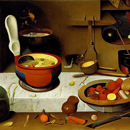 Image similar to the cat cooks soup, stirring a pot with a ladle and cutting vegetables, oil painting, drawn by Bruegel