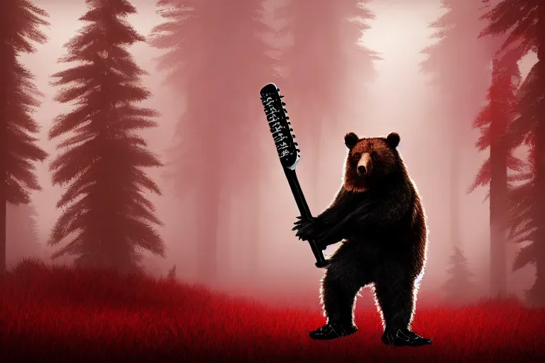 Image similar to Realistic punk bear playing hardcore metal guitar in the middle of a misty red forest talking to big foot .digital art on artstation