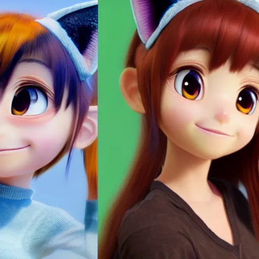 Image similar to new pixar character as an anime girl wearing cat ears, catgirl, highly detailed, extremely high quality, hd, 4 k, 8 k, professional photographer, 4 0 mp, lifelike, top - rated, award winning, cinematic, realistic, detailed lighting, detailed shadows, sharp, no blur, edited, corrected, trending