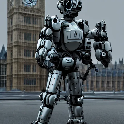 Prompt: the queen of england in a mech suit preparing to fight Boris Johnson outside parliament. octane render. concept art