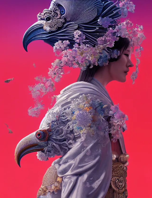 Image similar to 3 d goddess in robe close - up profile portrait with ram skull. beautiful intricately detailed japanese crow kitsune mask and clasical japanese kimono. betta fish, jellyfish phoenix, bio luminescent, plasma, ice, water, wind, creature, artwork by tooth wu and wlop and beeple and greg rutkowski