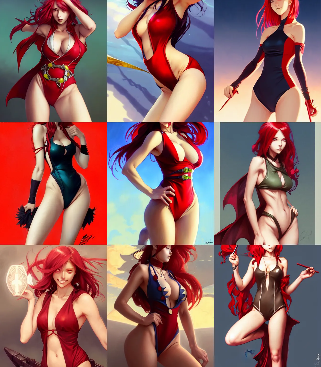Prompt: rogue anime girl, hourglass slim figure, red hair and attractive features, close one-piece swimsuit monokini, dungeons and dragons portrait, seductive smile, highly detailed, digital painting, artstation, concept art, sharp focus, illustration, art by artgerm and greg rutkowski and alphonse mucha