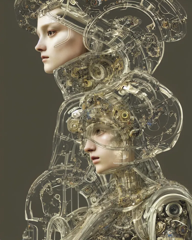 Image similar to beautiful cybernetic baroque robot + beautiful baroque porcelain face + body is clear plastic, inside organic robotic tubes and parts + wearing translucent baroque rain - jacket + symmetrical composition + intricate details, hyperrealism, wet, reflections + by alfonse mucha and moebius, no blur dof bokeh