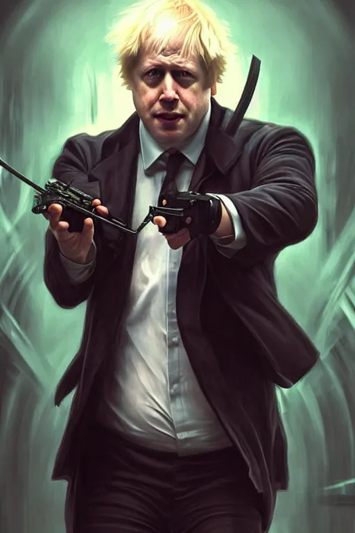 Image similar to Boris Johnson as Neo from Matrix in shades stoping bullets, Boris Johnson hairstyle, full body realistic portrait, highly detailed, muscular body, digital painting, artstation, concept art, smooth, sharp focus, illustration, cinematic lighting, art by artgerm and greg rutkowski and alphonse mucha