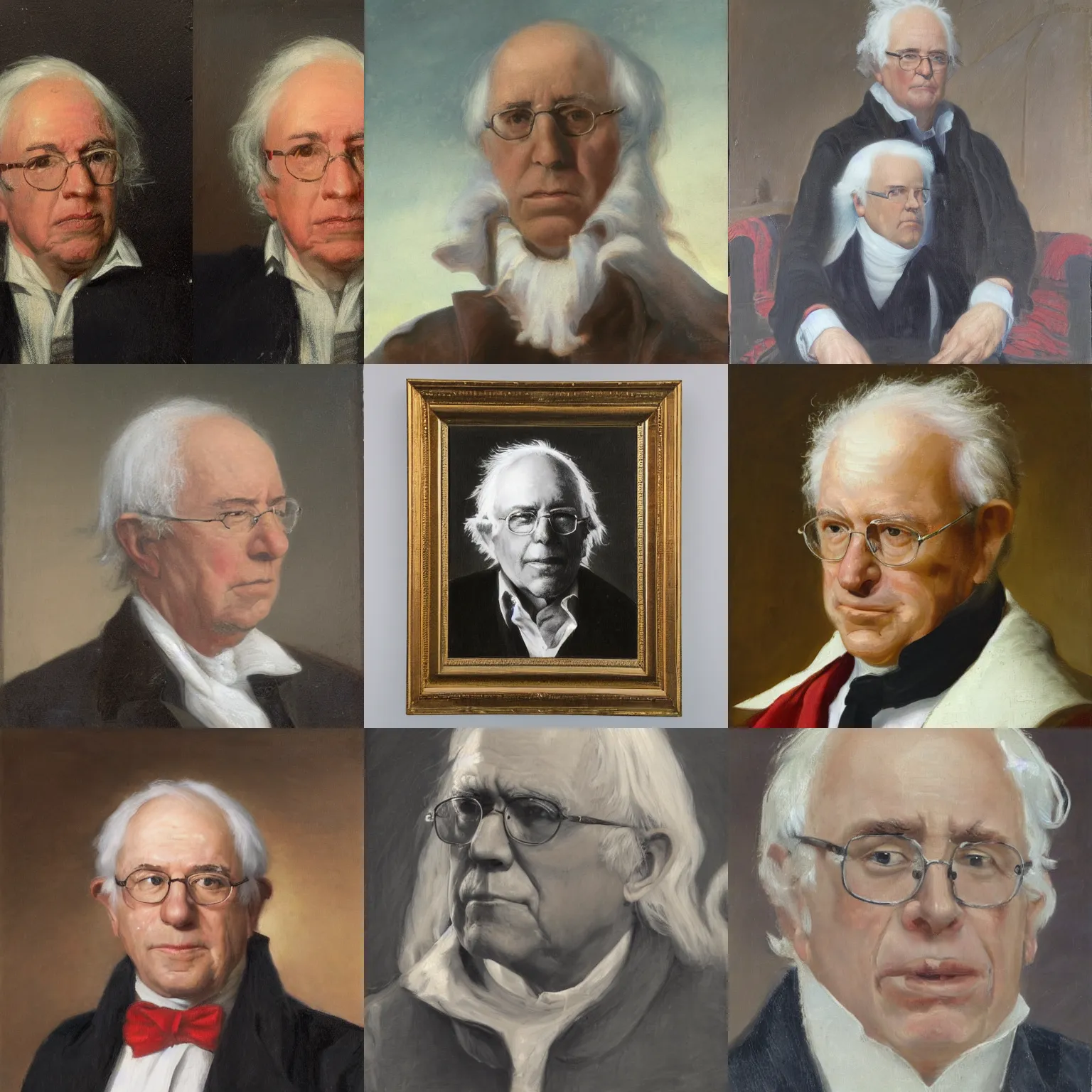 Prompt: facial portrait of president bernie sanders, 1 st president, powdered whig, oil on canvas by william sidney mount - 1 7 9 2, trending on artstation