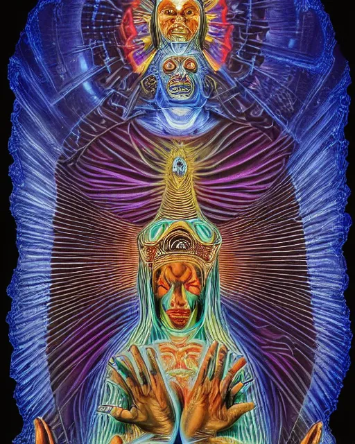 Image similar to blue glowing alien high priest god at the altar by alex grey