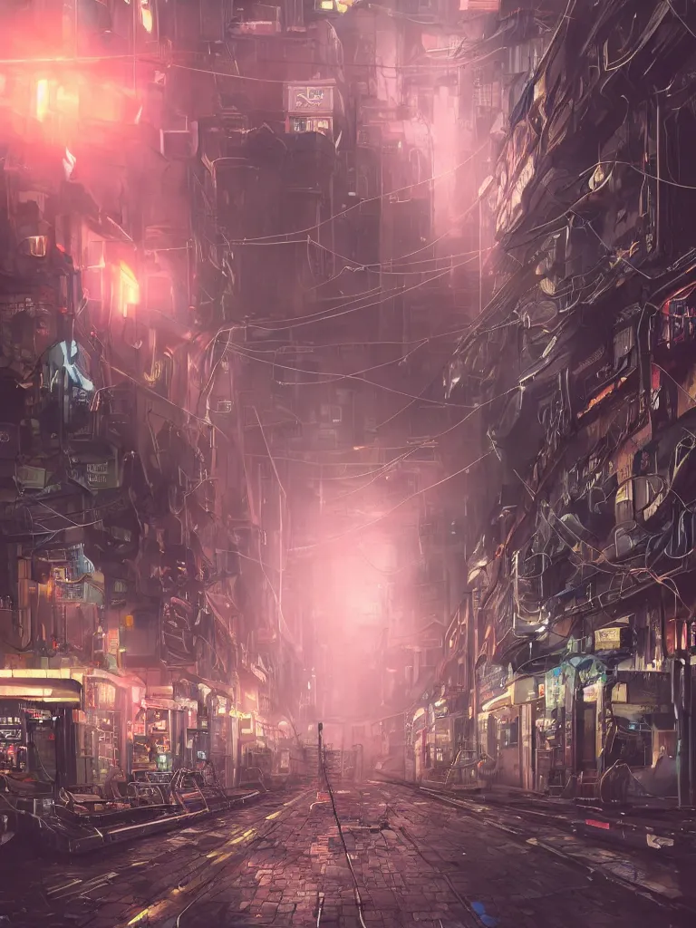 Image similar to futuristic dieselpunk street, cable stone ground. lots hanging cables, tiny wires on the ground. narrow, garbage on the ground. rain. fog, haze, evening. led screens. neon signs. golden hour. volumetric lighting. cables on the ground. very messy. futuristic. photorealistic. artstation. anime. studio gimbli style