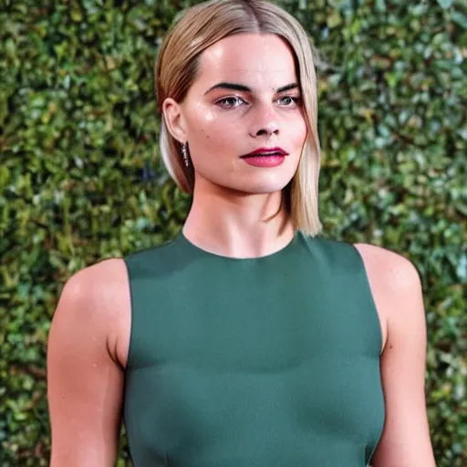 Image similar to a woman who is a genetic combination of margot robbie and emma watson face and upper - body focus