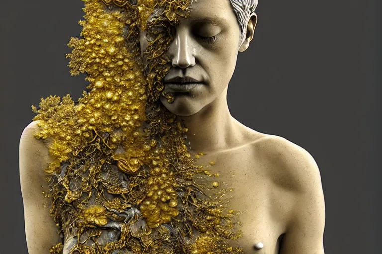 Image similar to a sculpture of a person with flowing golden tears, fractal plants and fractal flowers on the skin, intricate, veins, a marble sculpture by nicola samori, behance, neo - expressionism, marble sculpture, apocalypse art, made of mist, octan render