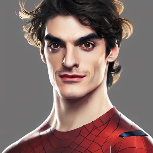 Image similar to portrait of RJ Mitte as Spiderman, elegant, intricate, headshot, highly detailed, digital painting, artstation, concept art, sharp focus, illustration, art by artgerm and greg rutkowski and alphonse mucha