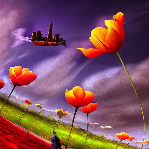 Image similar to flying tulip steam fortress, fantasy art, urban, sky in the background, detailed, behrens style