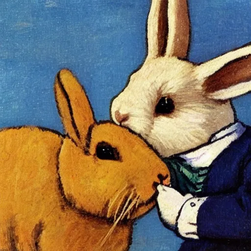 Prompt: a rabbit kissing a white alpaca's cheek in the style of gifford beal