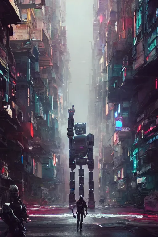 Image similar to a portrait of a robot in the middle foreground walking in the street of a sci-fi city by Greg Rutkowski, Sung Choi, Mitchell Mohrhauser, Maciej Kuciara, Johnson Ting, Maxim Verehin, Peter Konig, final fantasy , mythical, 8k photorealistic, cinematic lighting, HD, high details, atmospheric,