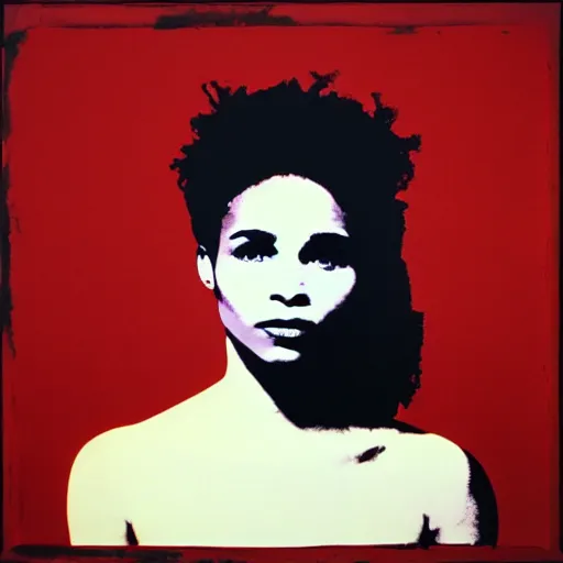 Prompt: screenprint solarized portrait of zoe kravitz by andy warhol