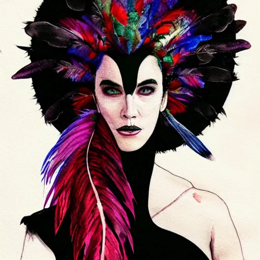 Prompt: detailed colorful watercolor of jennifer connelly as odile the black swan, disney villain, black feathers instead of hair, black feathers growing out of skin, shapeshifting, black feathers growing out of face, floating in zero gravity on spacecraft, science fiction, highly detailed, david mack, trending on artstation