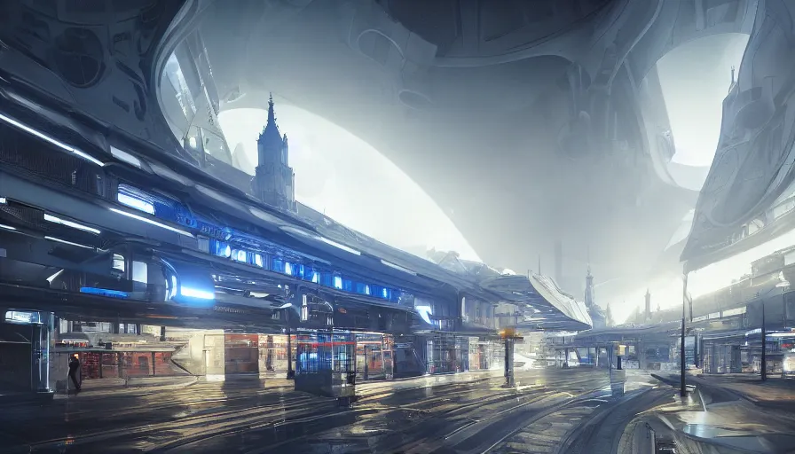 Prompt: futuristic liege, belgium with white dome train station with blue lights, volumetric light, hyperdetailed, artstation, cgsociety, 8 k