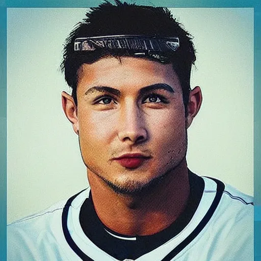 Image similar to “a realistic photo of a guy who is an attractive baseball player man who is part cyborg and part humanoid, west world”