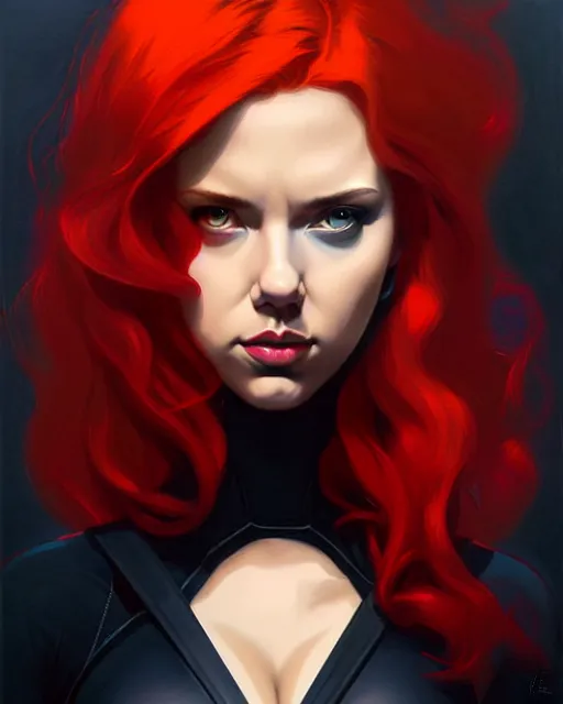 Image similar to peter mohrbacher, phil noto, artgerm, pretty scarlett johansson black widow, symmetrical eyes, long red hair