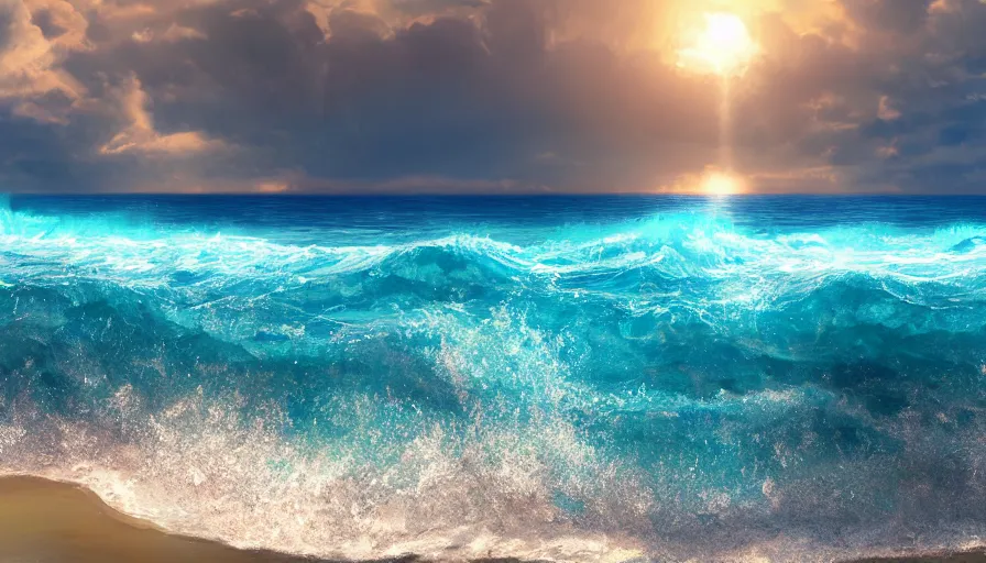 Image similar to beautiful crystal water sea with big breaking waves, sandy beach in the foreground, sun in the sky, hyperdetailed, artstation, cgsocitety, 8 k