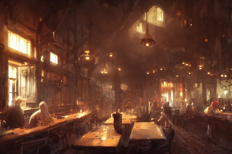 Prompt: A national geographic photo of the interior of an old inn restaurant filled with people by greg rutkowski, Trending on artstation