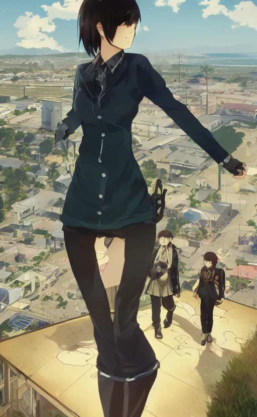 Image similar to anime style, gta 5, panoramic view of girl, searchlights in background, soldier clothing, short hair, hair down, symmetrical facial features, from arknights, hyper realistic, extreme detail, detailed drawing, trending artstation, hd, d & d, realistic lighting, by alphonse mucha, greg rutkowski, sharp focus, backlit, blue eyes