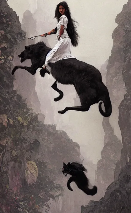 Image similar to an indian girl riding a large black and white cat, highly detailed, digital painting, artstation, concept art, sharp focus, illustration, art by greg rutkowski and alphonse mucha