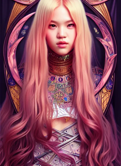 Image similar to jossi of blackpink, king, tarot card, highly detailed, digital painting, smooth, sharp focus, illustration, ultra realistic, unreal engine, 8 k, art by artgerm and alphonse mucha