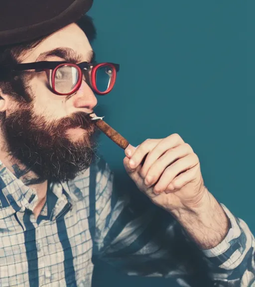 Prompt: color polaroid picture of a hipster man smoking tobacco. diffuse background