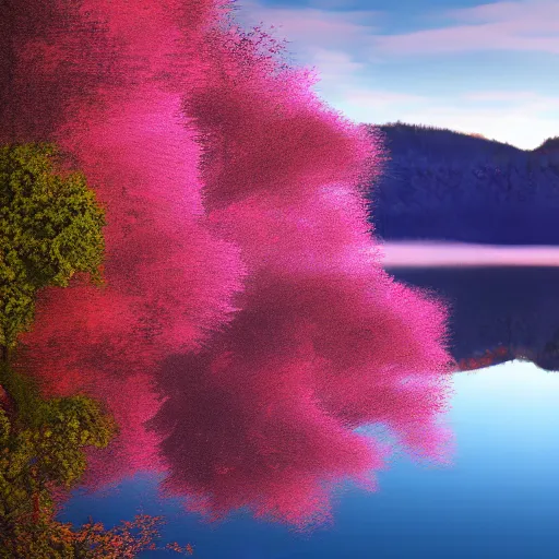 Prompt: Pink tree beside a large lake, landscape in the style of realism