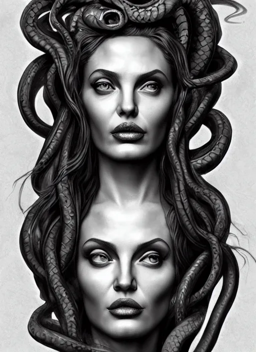 Image similar to beautiful bust of medusa from greek mythology, gorgon, angelina jolie seductive expression, big snakes with open mouth in his head, snakes in place of hair, pencil drawing, hyperdetailed, 8 k realistic, trending on artstation, by kelvin okafor and marco mazzoni and pierre - yves riveau