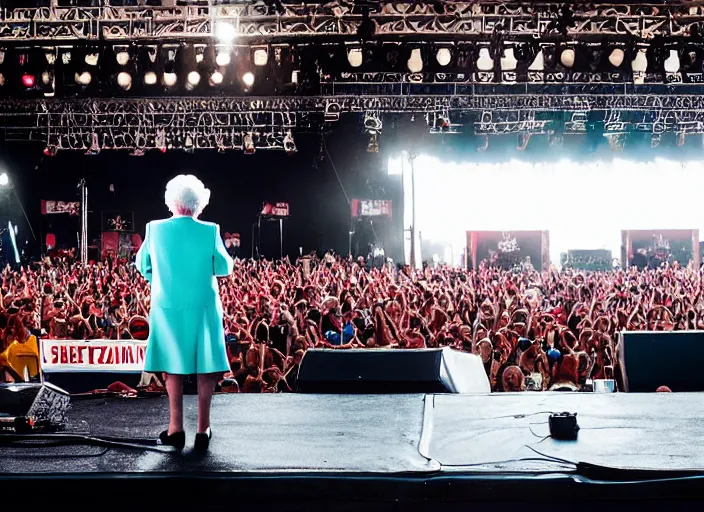 Image similar to photo still of queen elizabeth on stage at vans warped tour!!!!!!!! at age 7 0 years old 7 0 years of age!!!!!!! shredding a guitar on stage, 8 k, 8 5 mm f 1. 8, studio lighting, rim light, right side key light