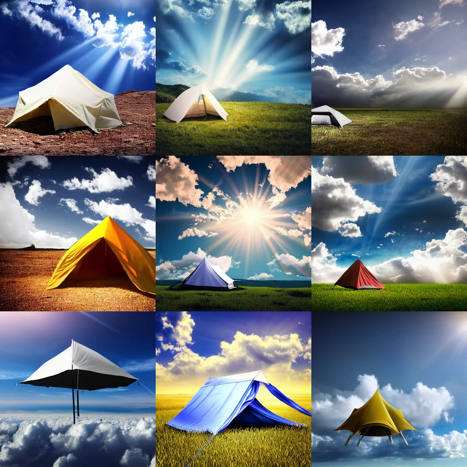 Prompt: tent on a cloud in the sky. fluffy clouds, light rays. high definition, octane, fantasy