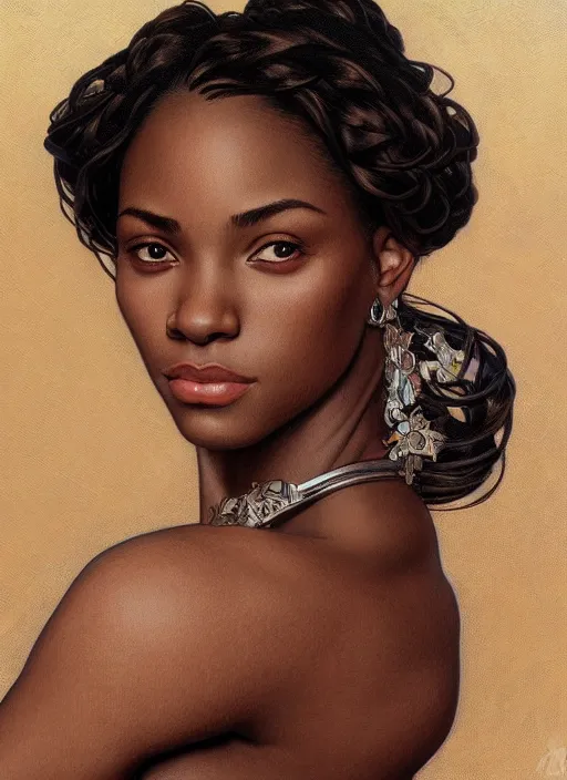 Image similar to beautiful african american young woman, head and shoulders portrait, intricate, elegant, highly detailed, centered, digital painting, artstation, concept art, smooth, sharp focus, illustration, art by artgerm and donato giancola and alphonse mucha