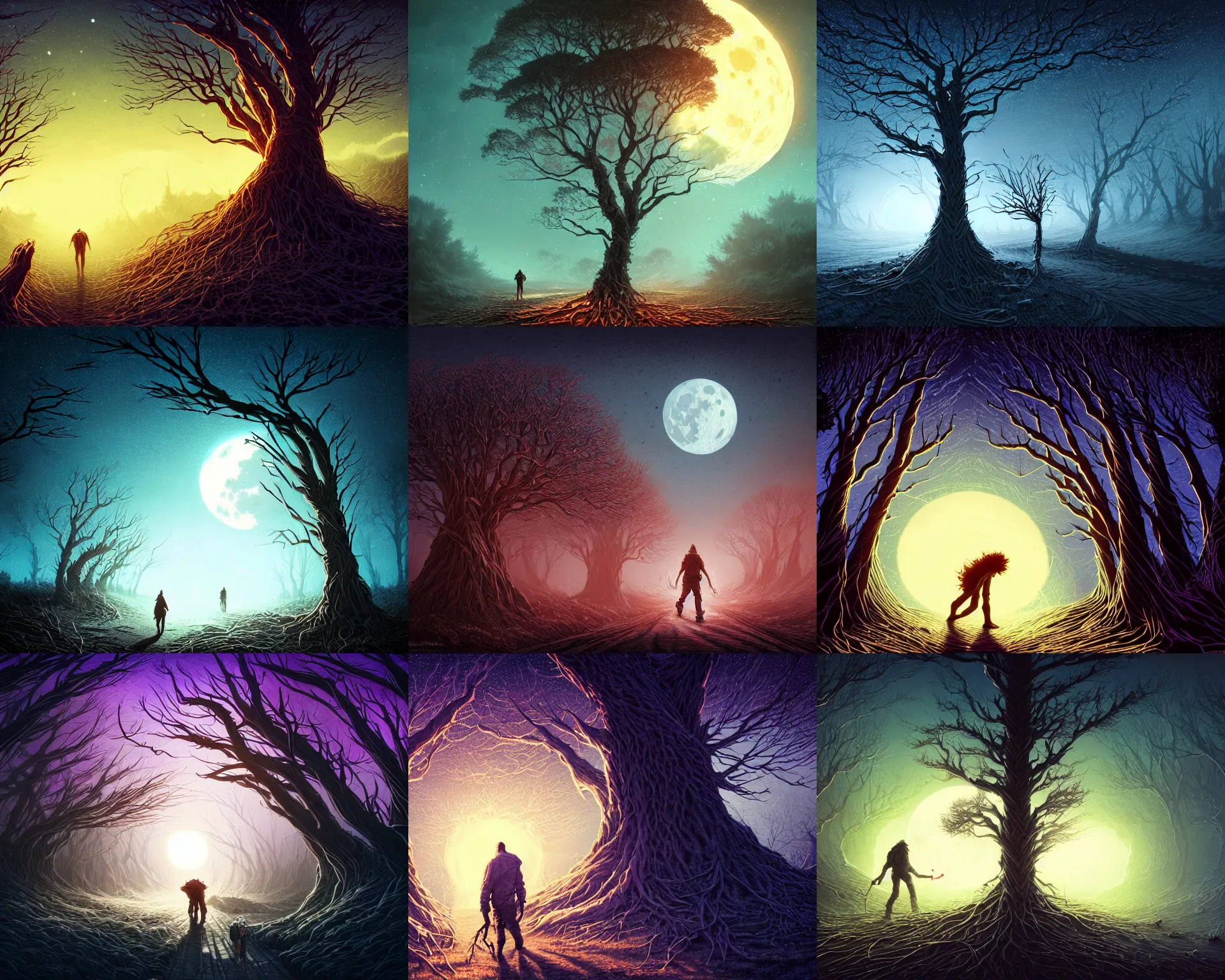 Prompt: rough fingers bludgeoning his lips, he stumbled, turned, ran to the road, glanced once more where the twisted trunk raked five branches at the moon by dan mumford, anton fedeev, william higginson, ross tran, cosmic, heavenly, god rays, intricate detail, cinematic, cel shaded, unreal engine, featured on artstation, pixiv