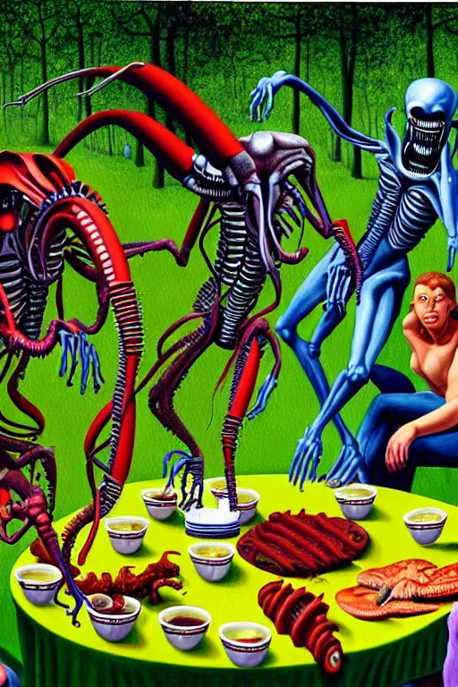 Prompt: a hyperrealistic painting of a xenomorph tea party picnic at the park, by chris cunningham and richard corben, highly detailed, vivid color,