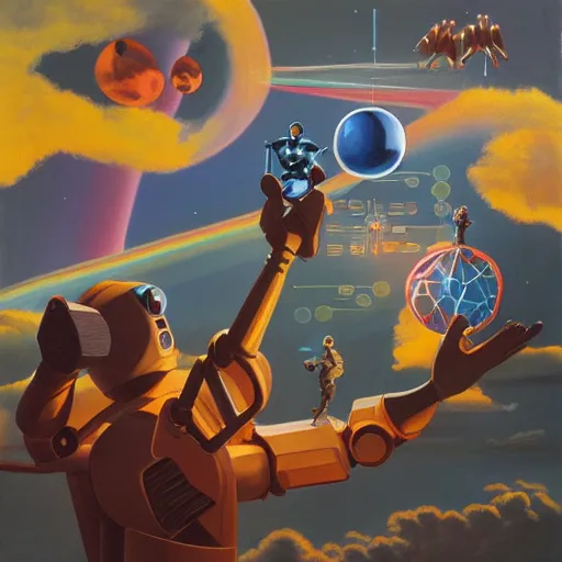 Prompt: a painting by ralph mcquarrie of floating molecules and a robot artist holding an icosahedron with stars, clouds, and rainbows in the background, trending on artstation, masterpiece, incredible details