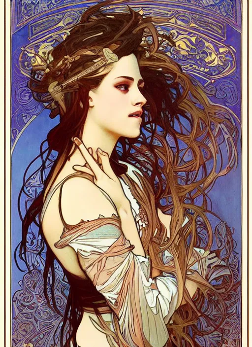 Prompt: a beautiful painting of kristen stewart by alphonse mucha and rebecca guay and john william waterhouse and james jean, art noveau, neo-classical, trending on artstation