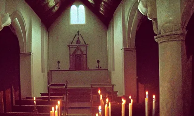 Image similar to a cultist ceremony, cultists with robes and masks, church interior, satanic church interior, the fog. horror lighting, found footage