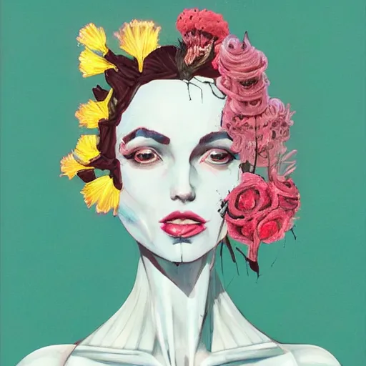 Image similar to surreal gouache paintingby conrad roset, female mechanical android head with flowers growing out, portrait, cgsociety, artstation, rococo mechanical costume and grand headpiece,
