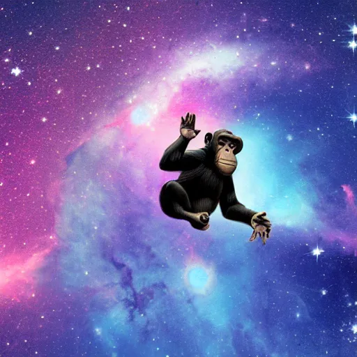 Image similar to A chimpanzee floating through outer-space, reaching out and touching a nebula with its finger, digital art, 8k